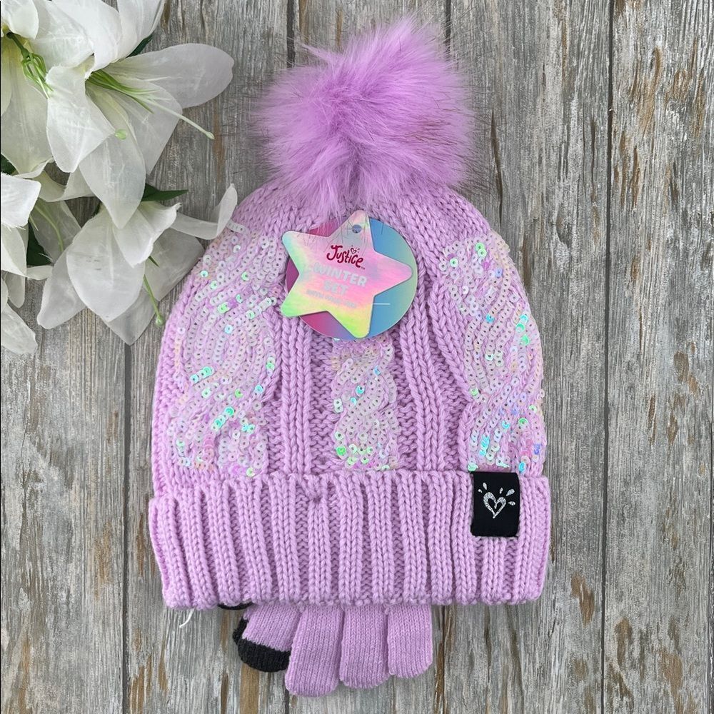 Girls Justice Sequin Cable Knit Hat and Gloves Set Pink